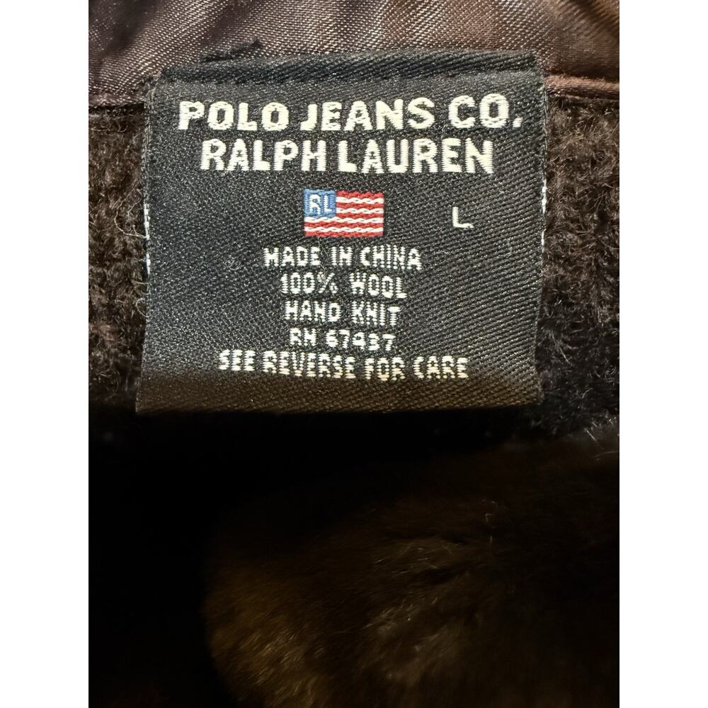 Vintage Polo Jeans Co Ralph Lauren Wool Cable Knit Cardigan Sweater L Brown Fur - Picture 3 of 8